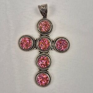 Vtg Pink Druzy‎ Quartz Cross Pendant 2.5" x 1.75" Silver Tone Faith Statement